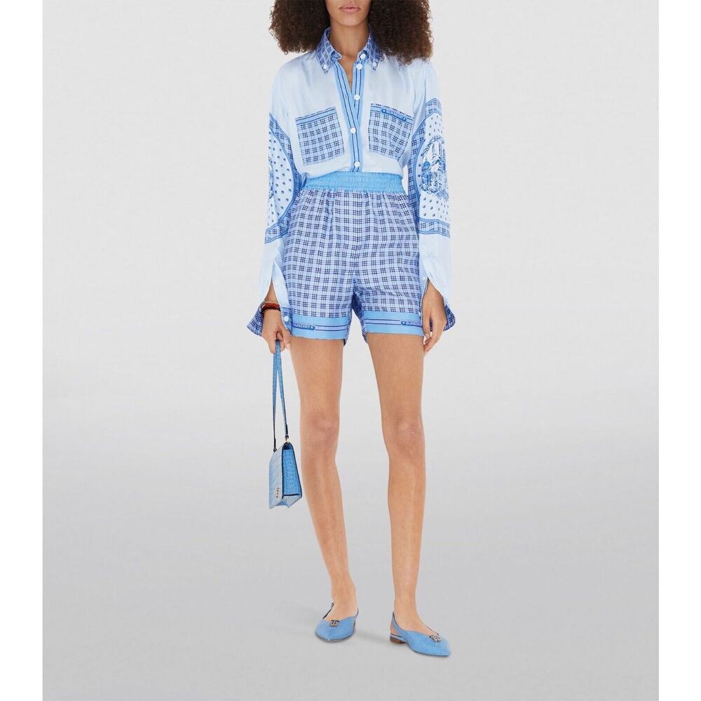 Burberry High Waist Pull On Shorts Size 6 Blue Check Print 100% Silk NWT $820